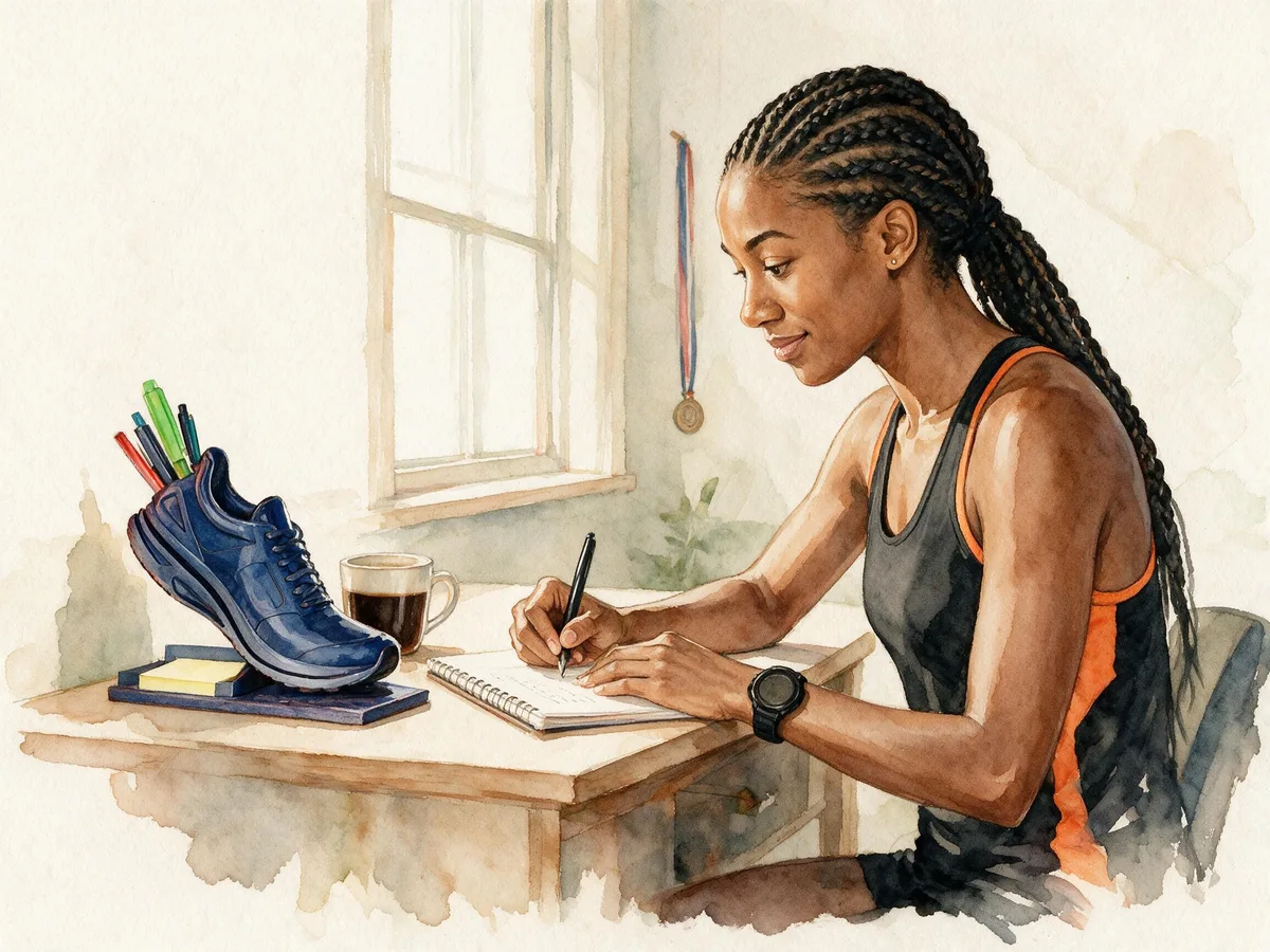 Nia na escrivaninha com o porta-canetas em forma de tênis de corrida, canetas e bloco de recados, em aquarela